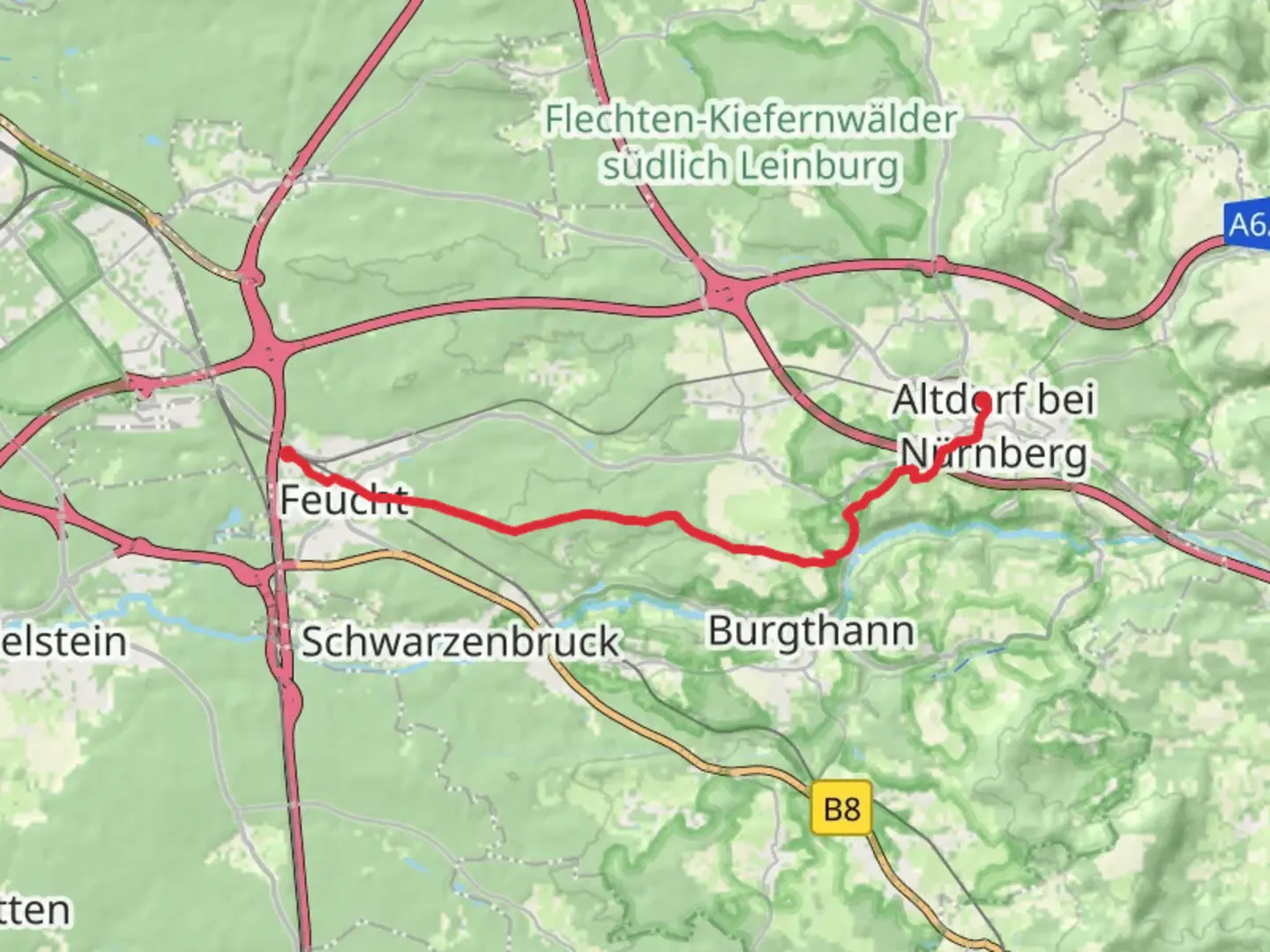 An image depicting the trail Altdorf West to Feucht via Zeidlerweg and its surrounding area.