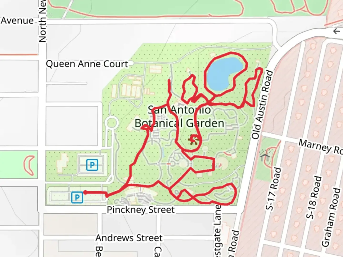 An image depicting the trail Japanese Peace and San Antonio Botanical Garden Loop and its surrounding area.