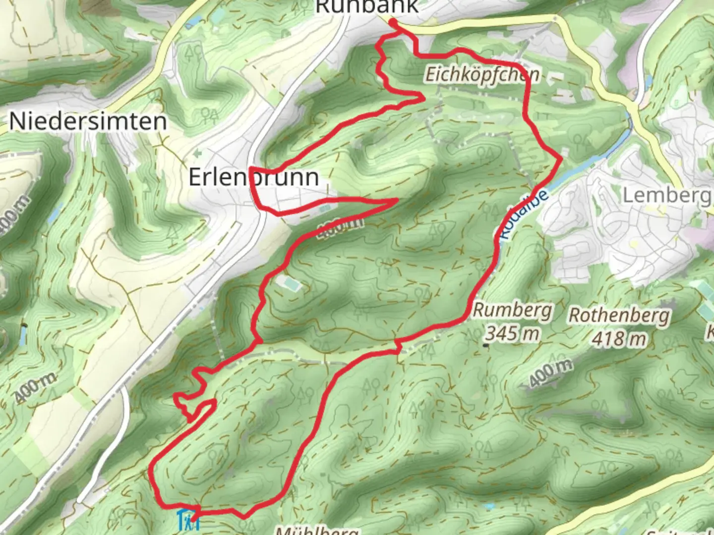 An image depicting the trail Pfaelzerwald Weisses Kreuz and Lemberger Rothenber Weg Loop and its surrounding area.
