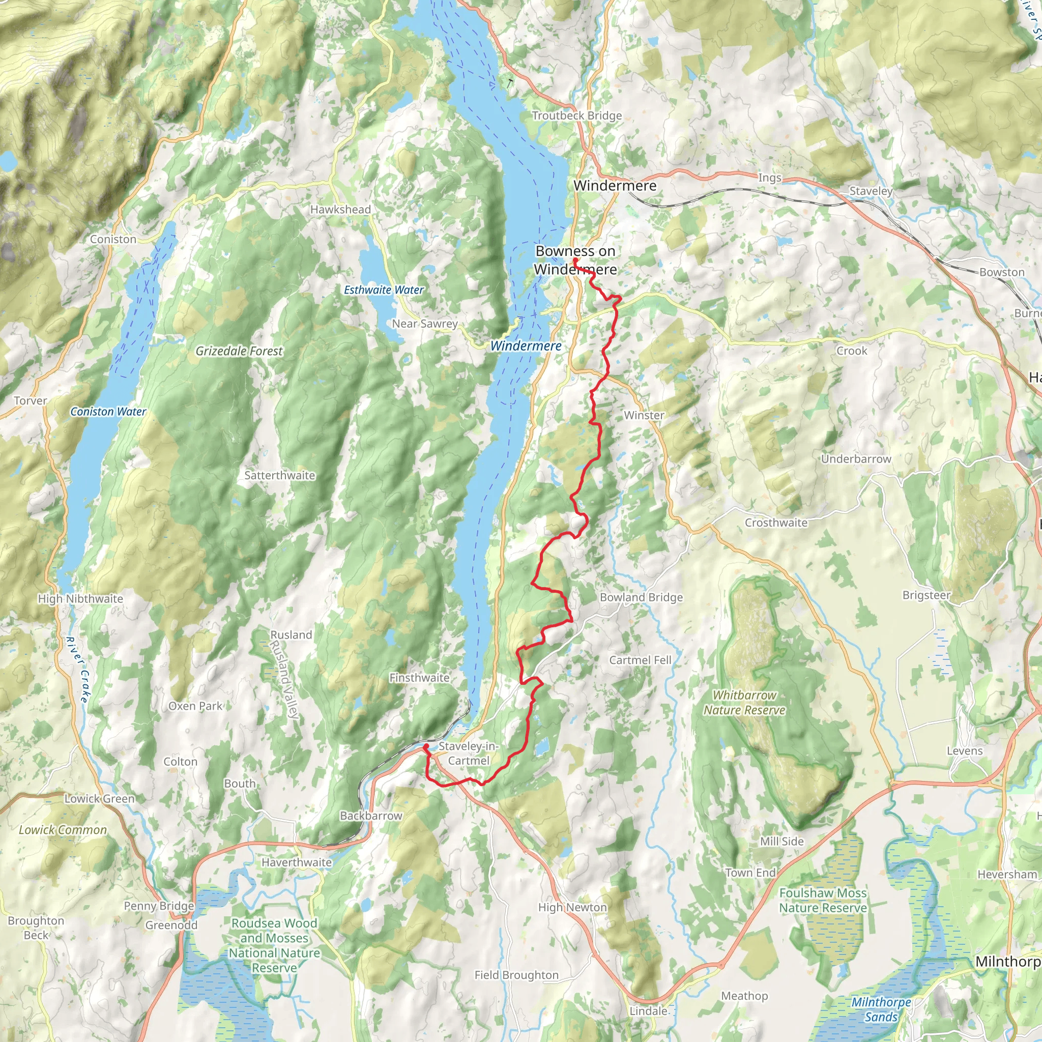 Newby Bridge to Bowness on Windermere via Rulbuts Hill mobile static map