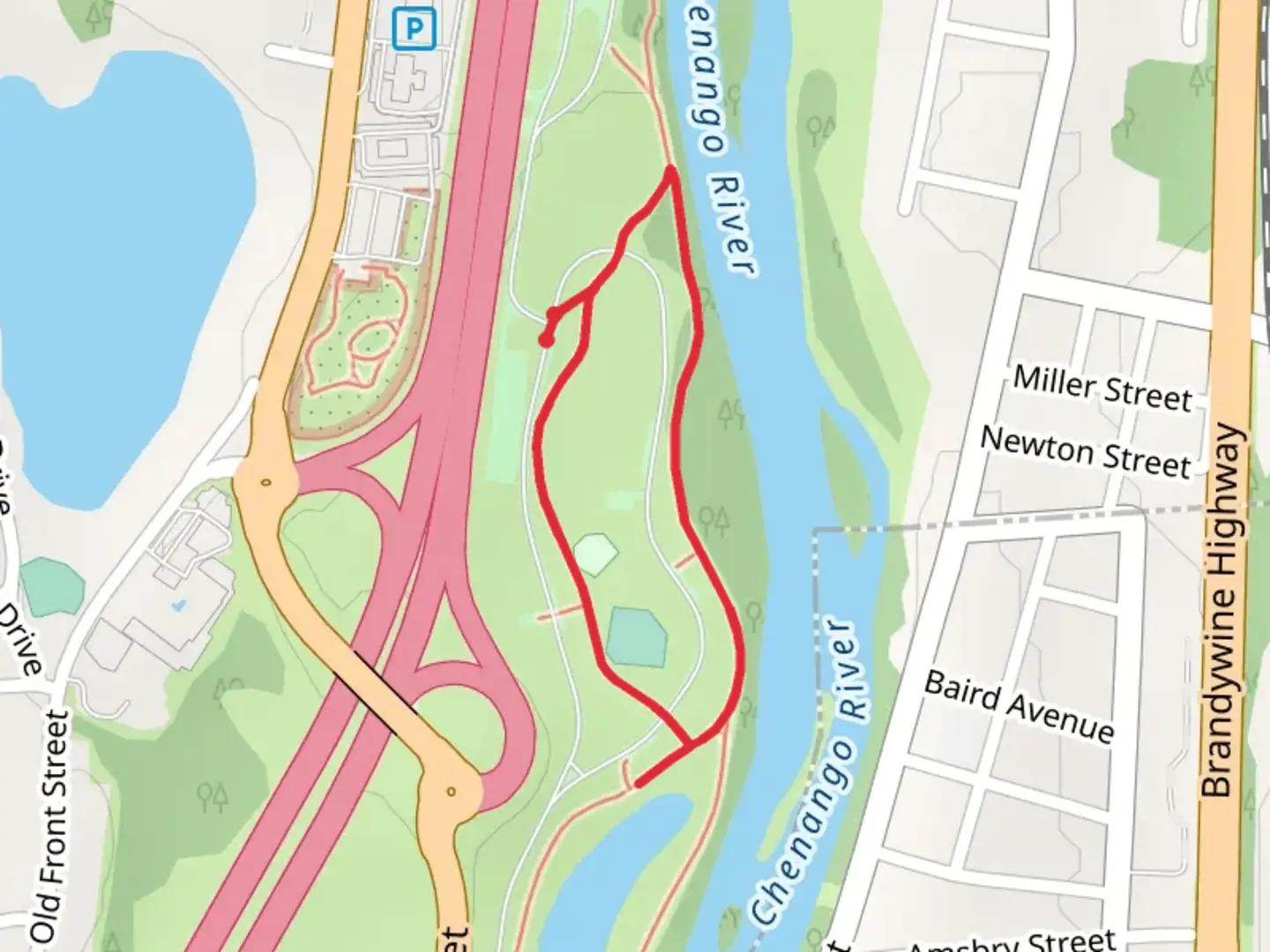 An image depicting the trail Otsiningo Park Loop via Otsiningo River and its surrounding area.