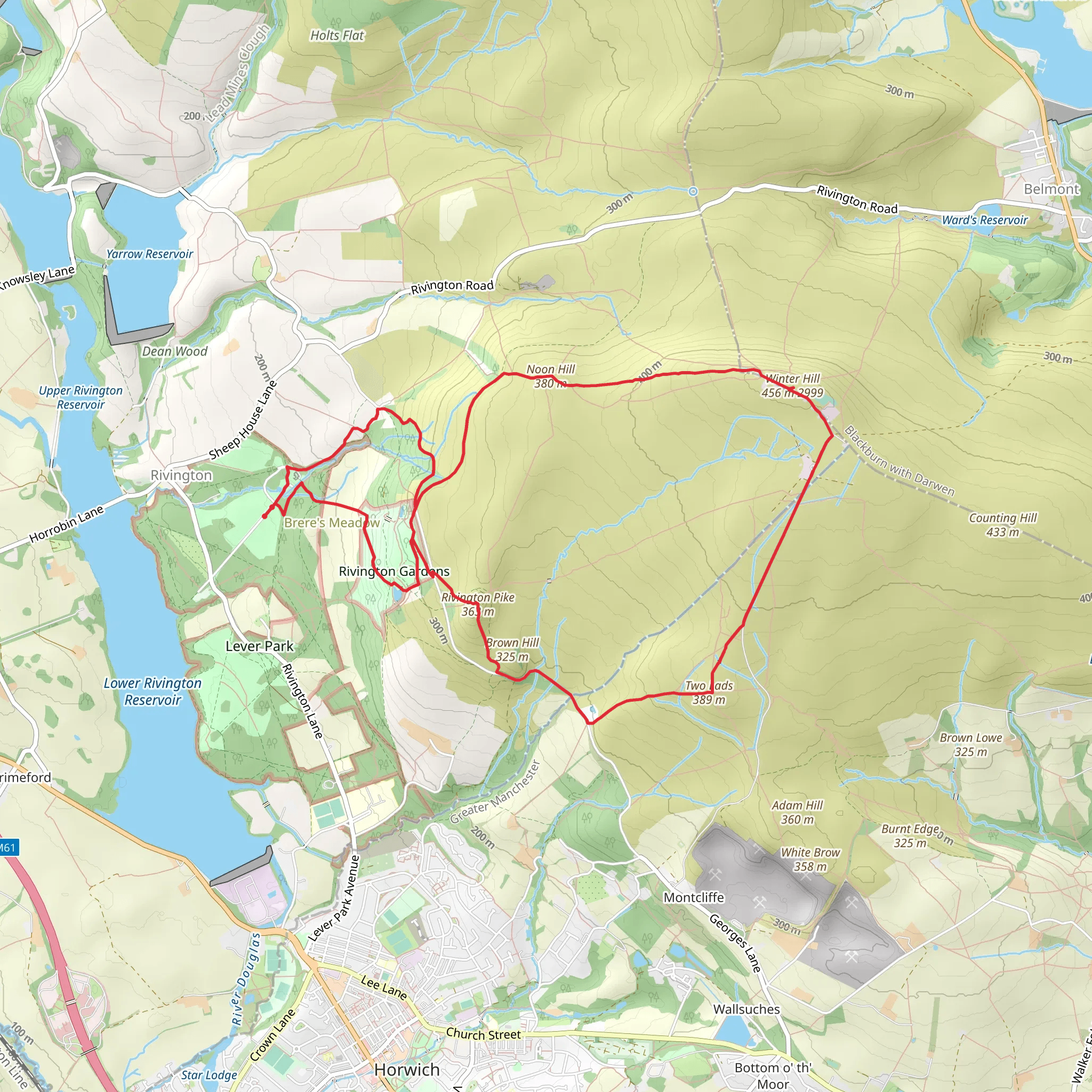 Hike from Rivington hall barn to winter hill via pigeon tower - Rivington pike - two lads - winter hill - noon hill and back through Japanese gardens mobile static map