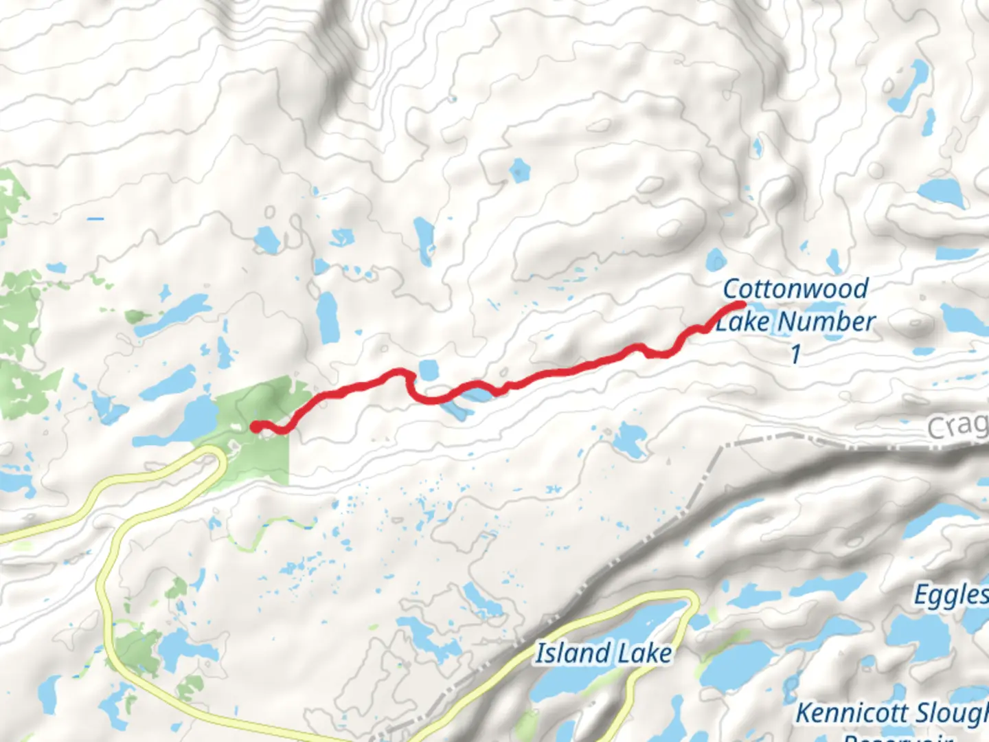 An image depicting the trail Cottonwood Lake Number 1 via Lake of the Woods and its surrounding area.
