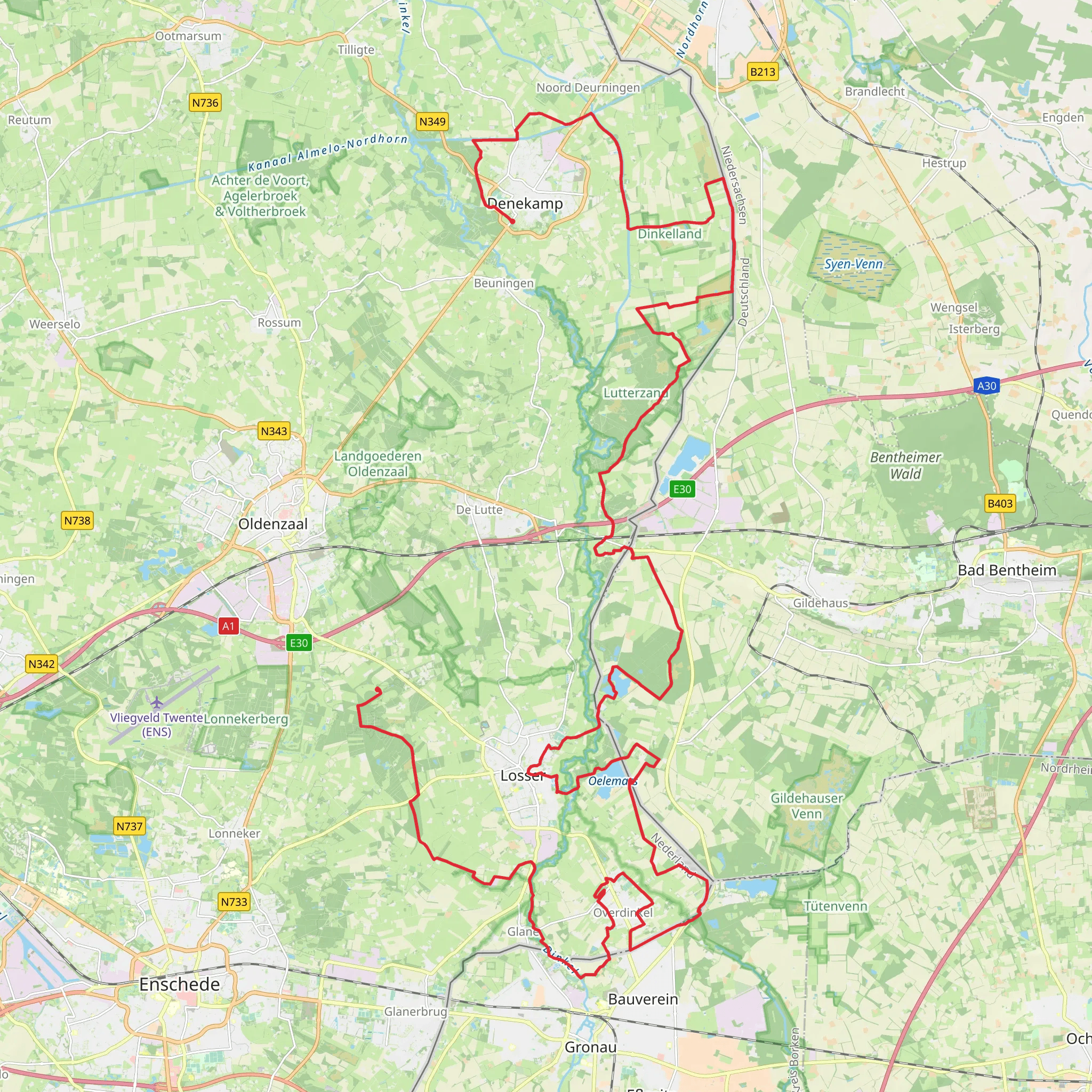 Denekamp to De Snippert via Grenzpfad and Drielandweg mobile static map