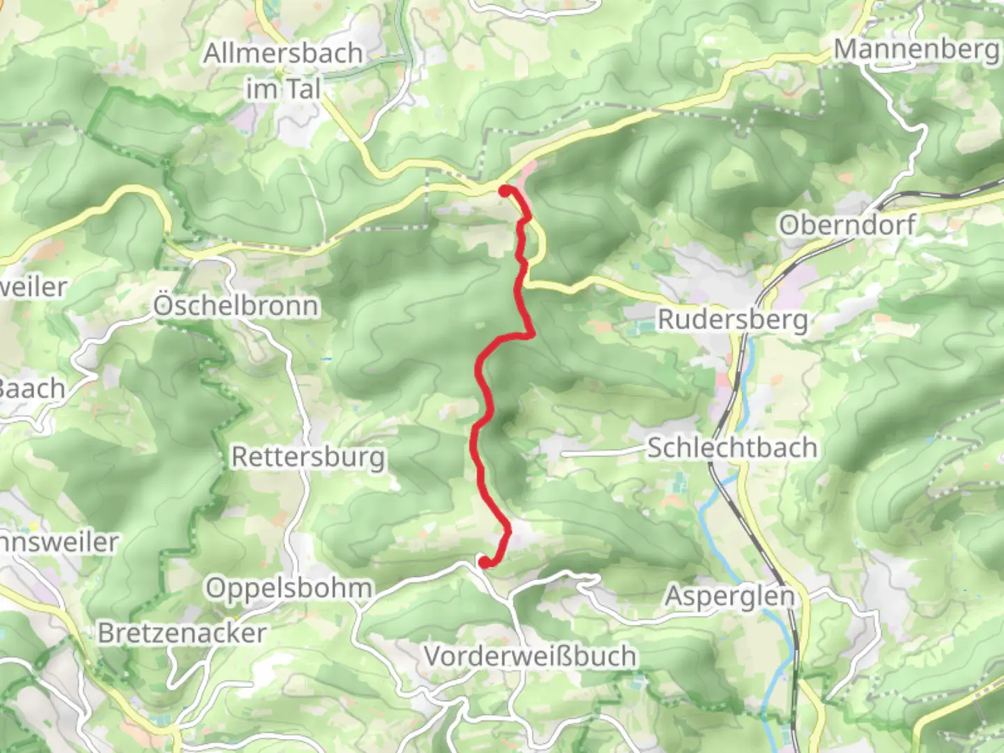 An image depicting the trail Friedhof Necklinsberg to Kreuz via Hauptlinie des SAV and its surrounding area.