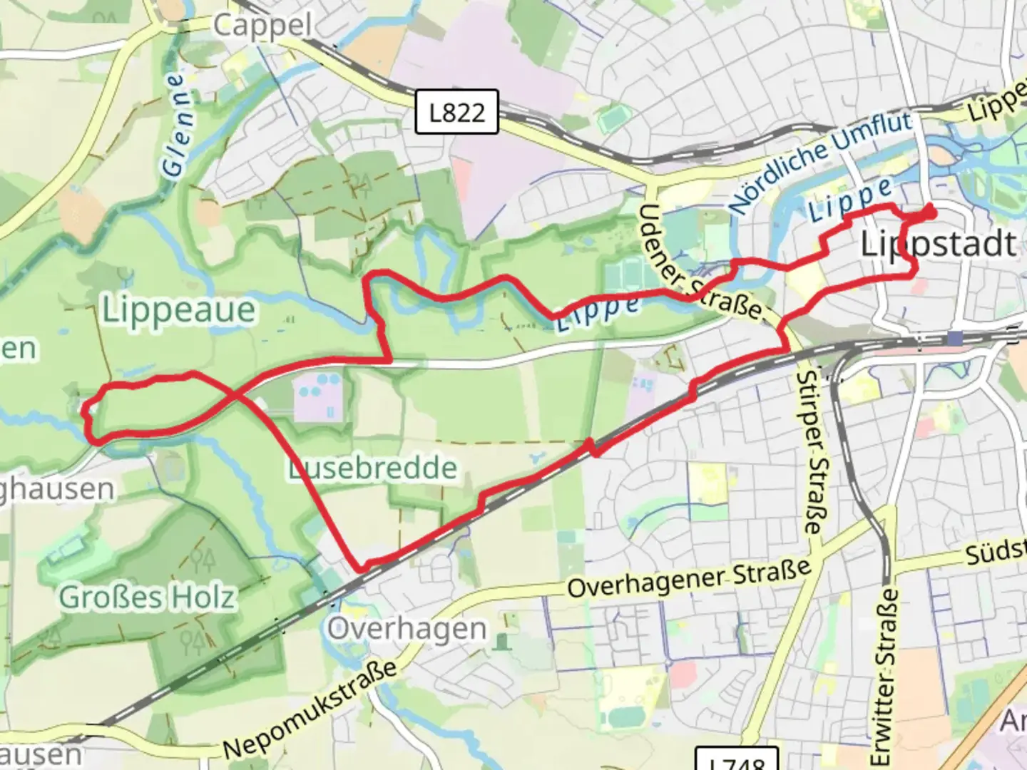 An image depicting the trail Lippe via Bezirksrundweg Moehne and its surrounding area.