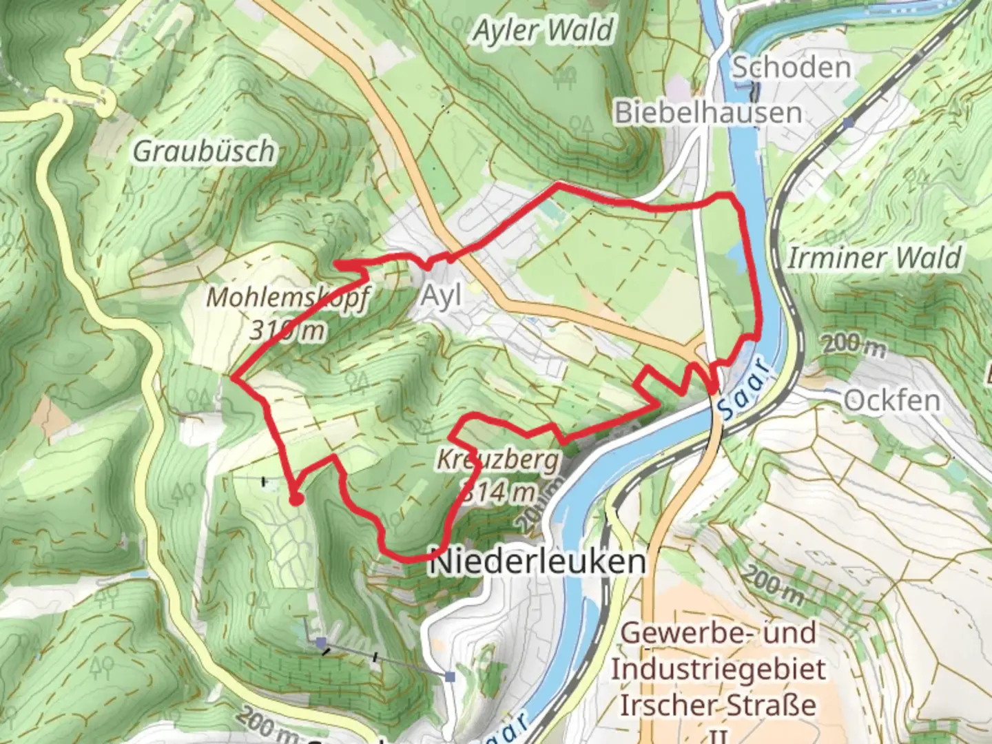 An image depicting the trail Saar and Mohlemskopf Loop and its surrounding area.