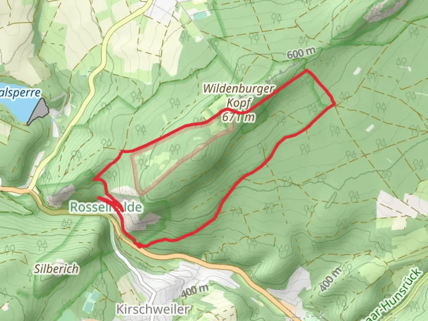 An image depicting the trail Rosselhalde, Wildenburger Kopf and Konigswald Loop and its surrounding area.