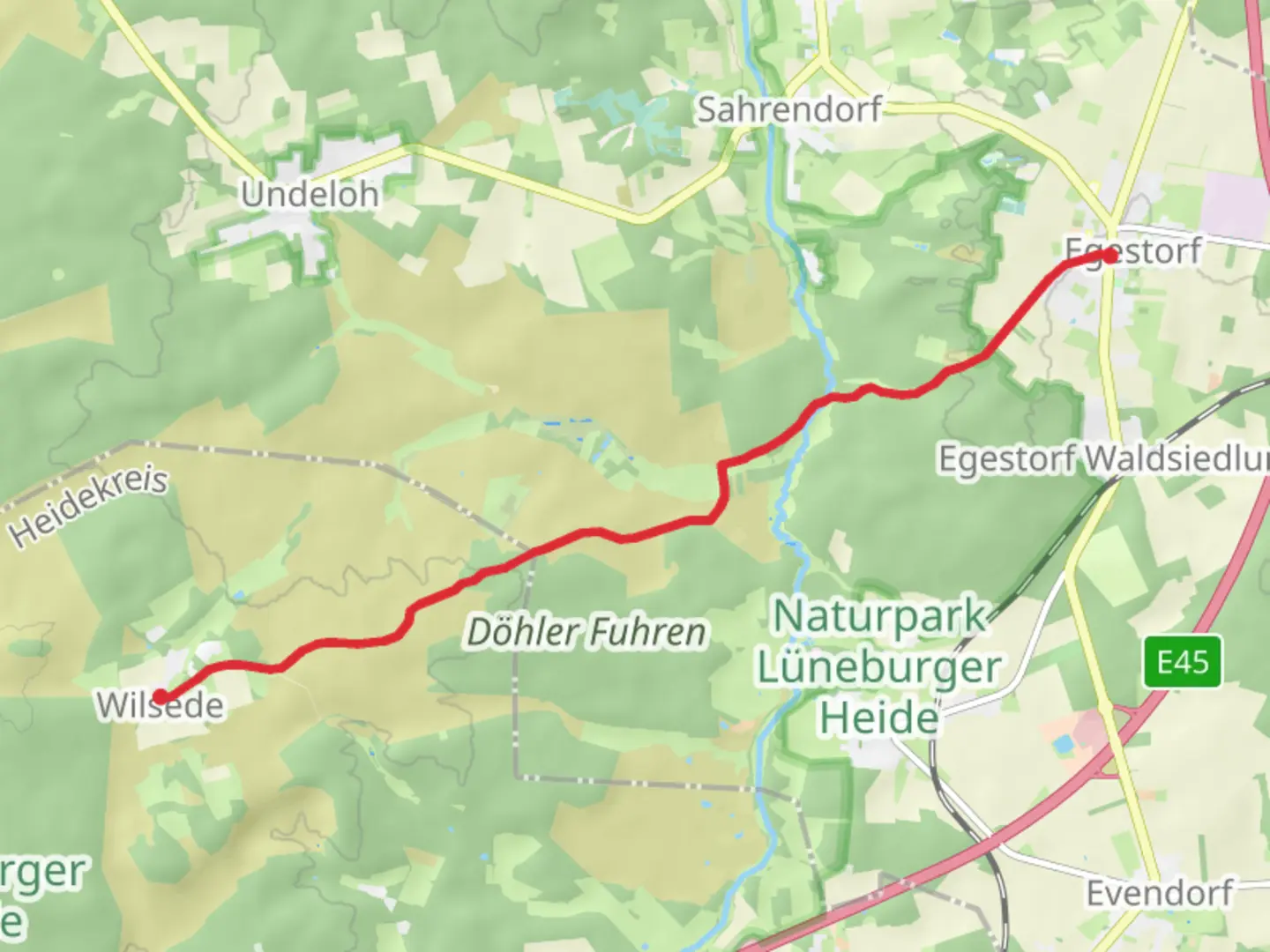 An image depicting the trail Egestorf to Wilsede via Pastor-Bode-Weg and its surrounding area.