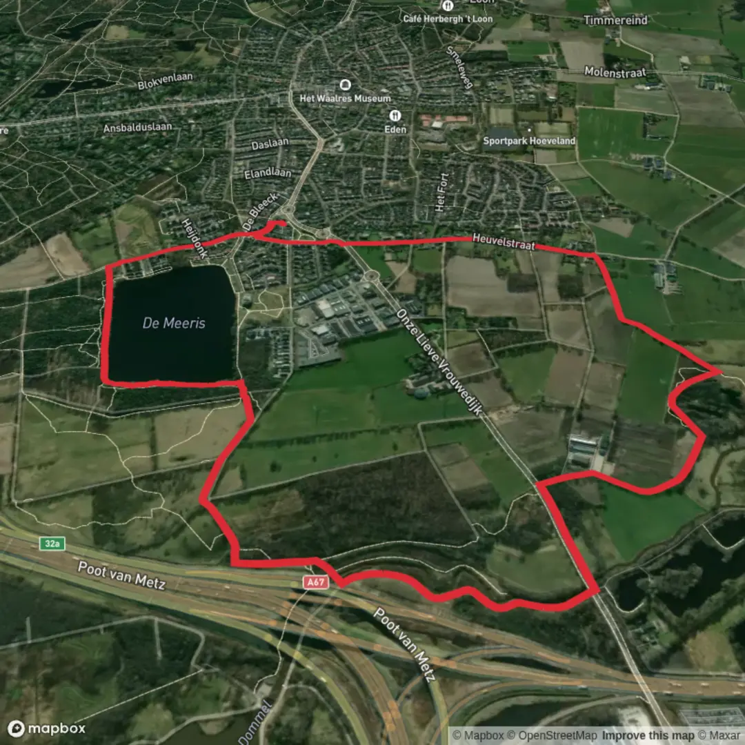 An image depicting the trail De Meers and Dommel via Meerins Wandeling and Ons Kloosterpad and its surrounding area.