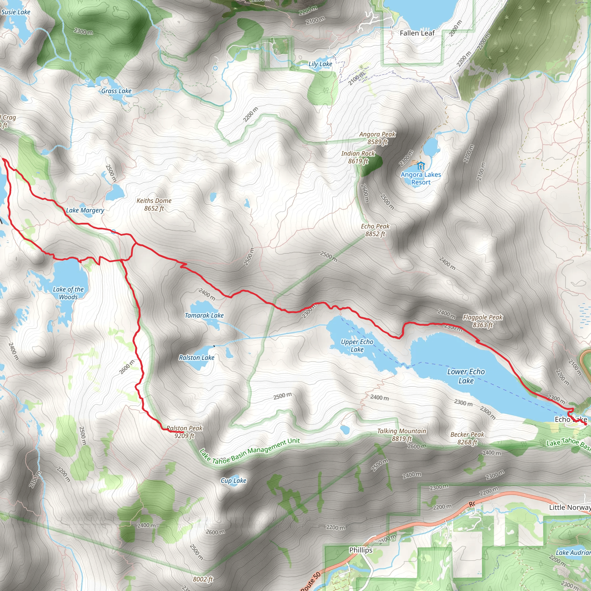 Lower Echo, Lake Aloha, Lake of the Woods and Ralston Peak Loop mobile static map