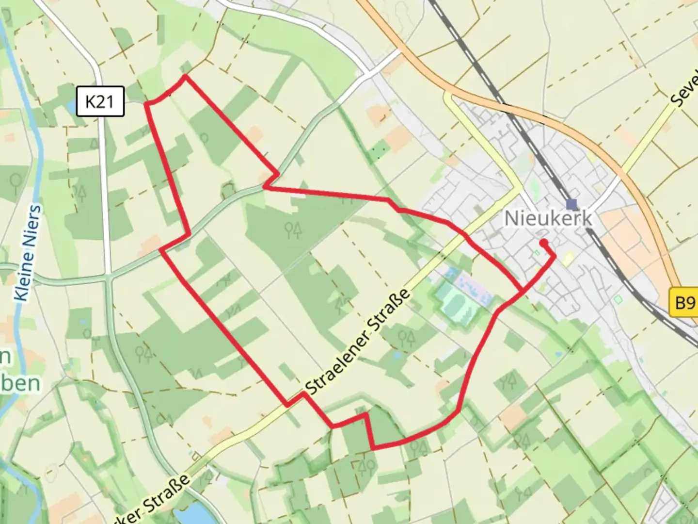 An image depicting the trail Nieukerk Rundweg and Rhein Niers Weg and its surrounding area.