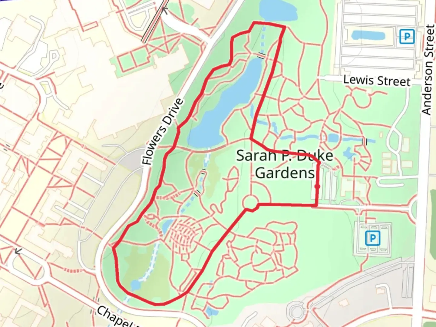 An image depicting the trail Sarah P Duke Gardens Loop and its surrounding area.