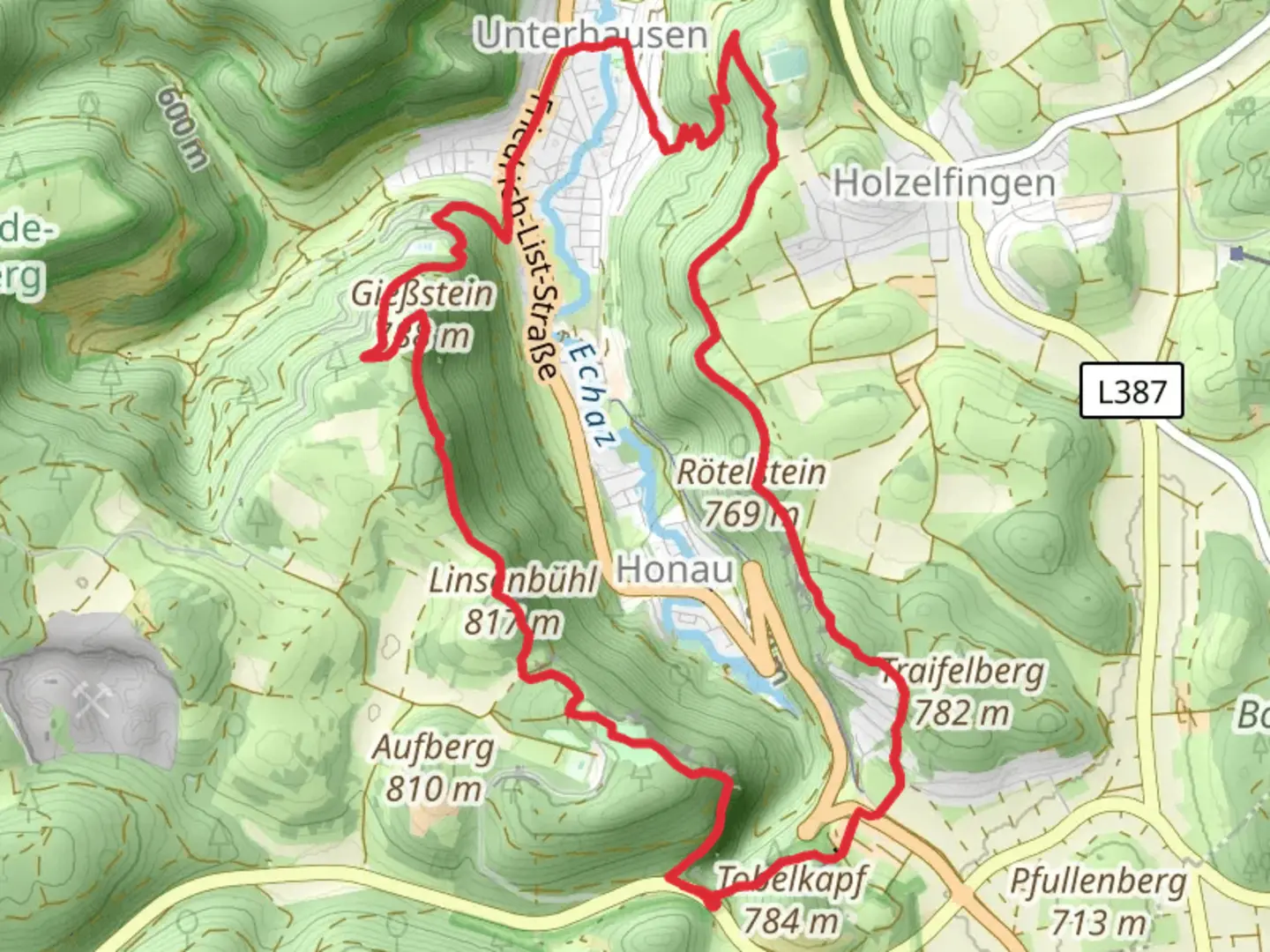An image depicting the trail Locherstein, Rotelstein, Gießstein and Alter Lichtenstein Loop and its surrounding area.