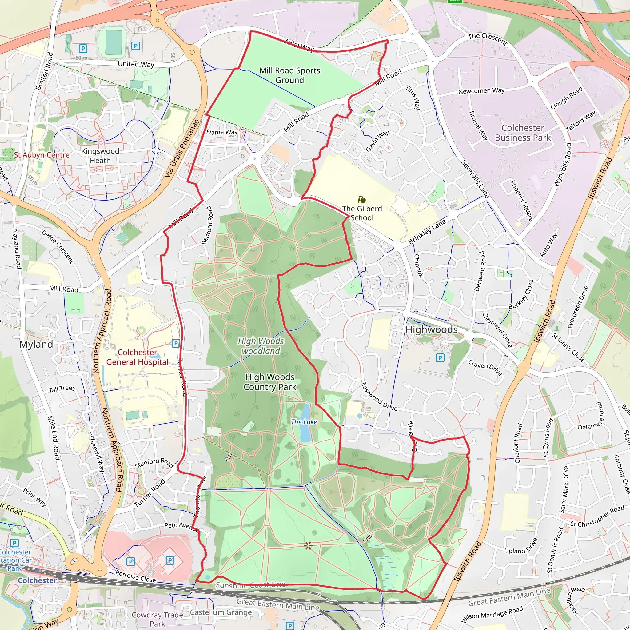 High Woods Woodland Loop - Colchester mobile static map
