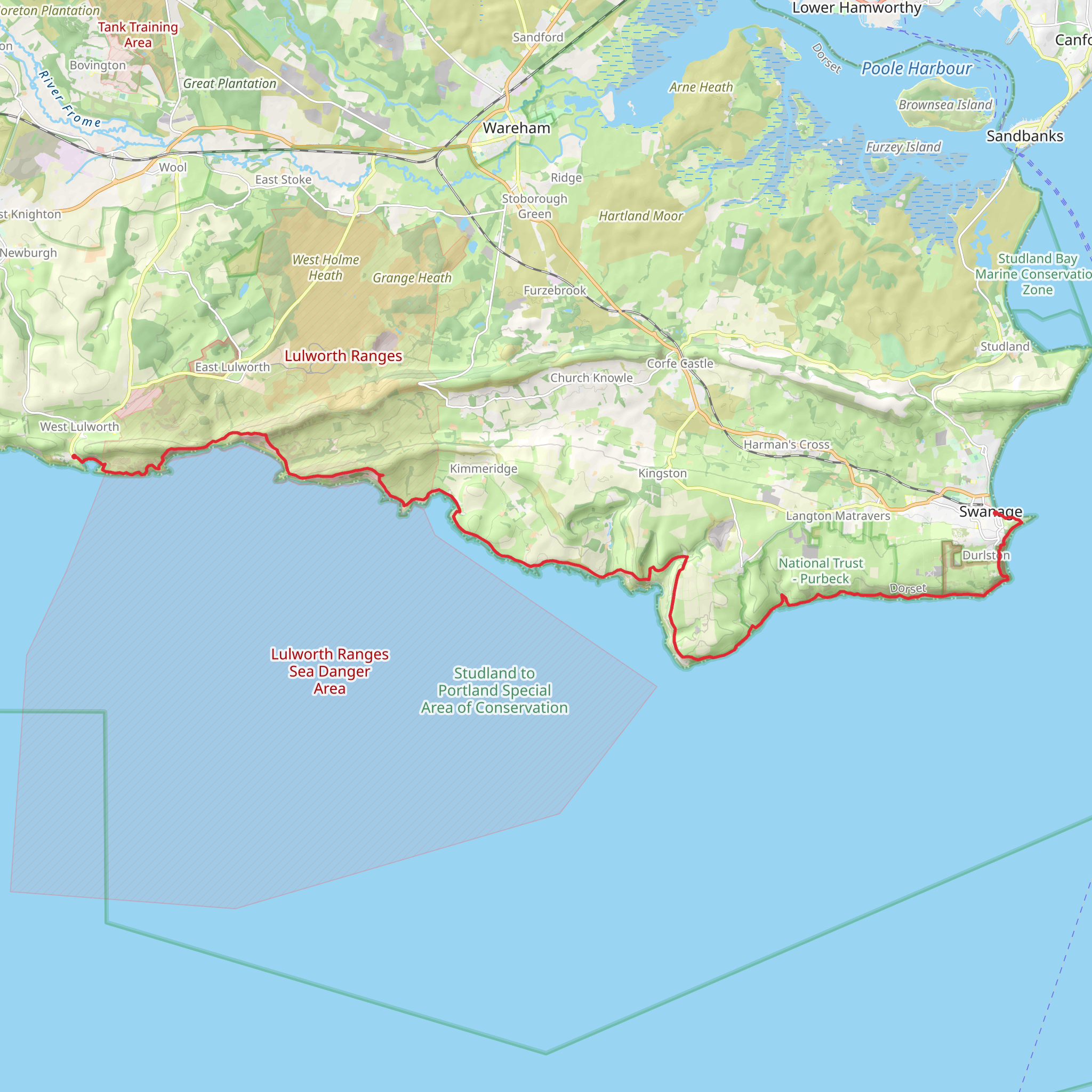Lulworth Cove to Swanage Pier Walk mobile static map