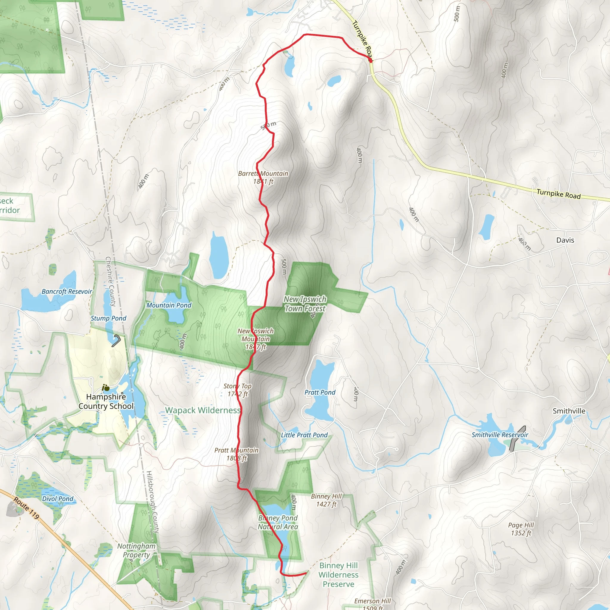 Binney Pond via Wapack Trail mobile static map