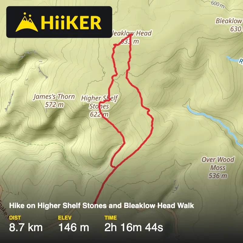 A map preview of the recording Hike on Higher Shelf Stones and Bleaklow Head Walk.