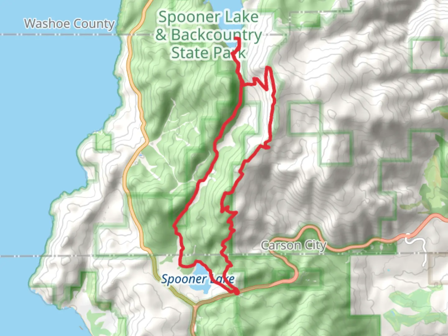 An image depicting the trail Tahoe Rim and Marlette Lake Loop Trail from Spooner Summit and its surrounding area.