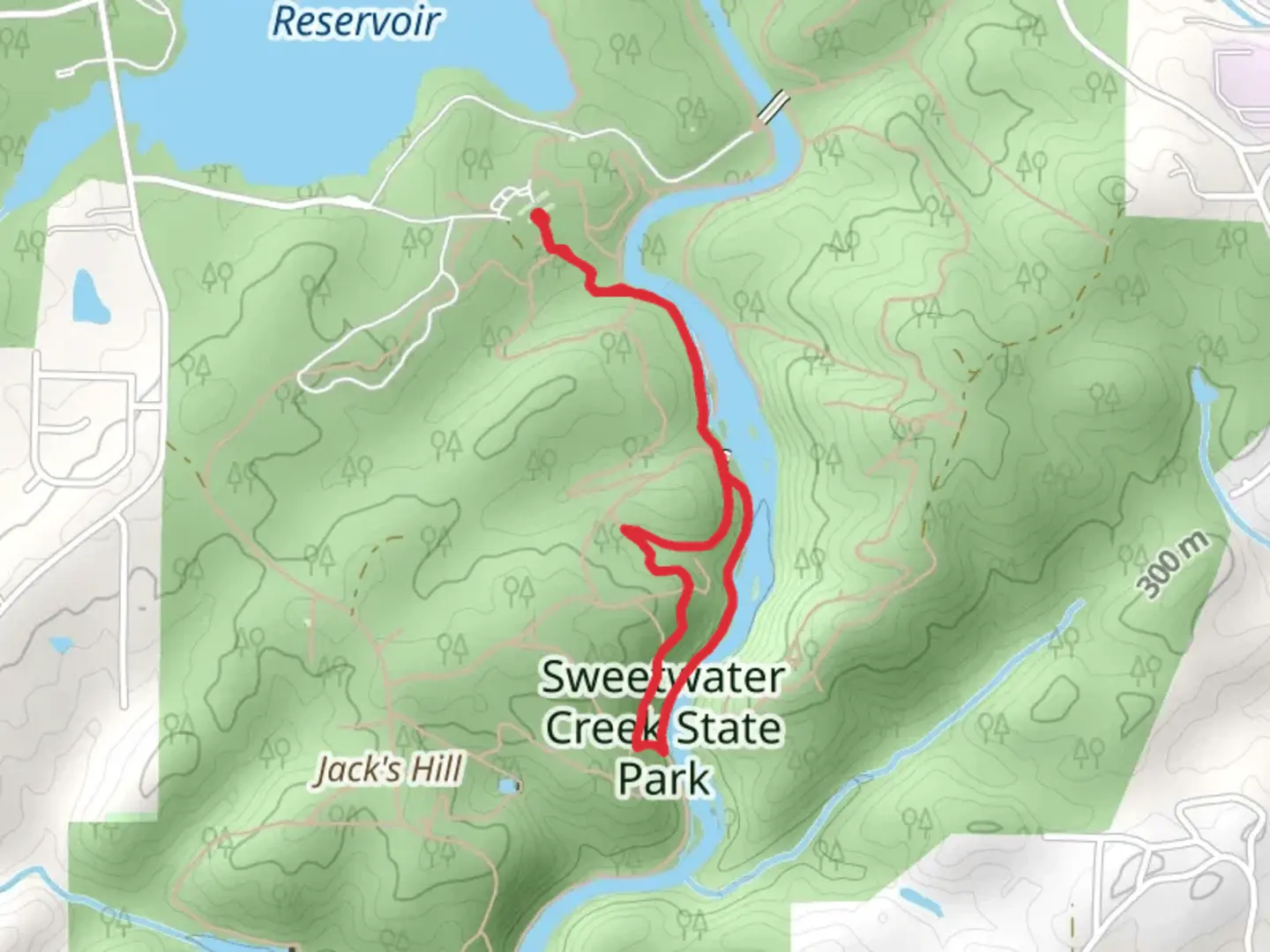 An image depicting the trail Sweetwater Creek State Park via Red Trail and White Trail and its surrounding area.