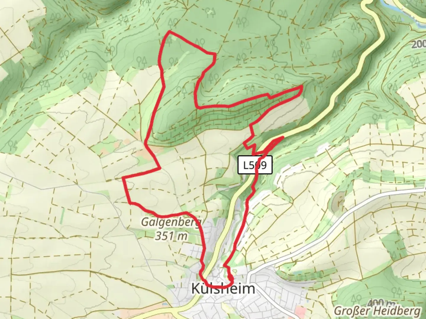 An image depicting the trail Külsheim Loop via Galgenberg and its surrounding area.