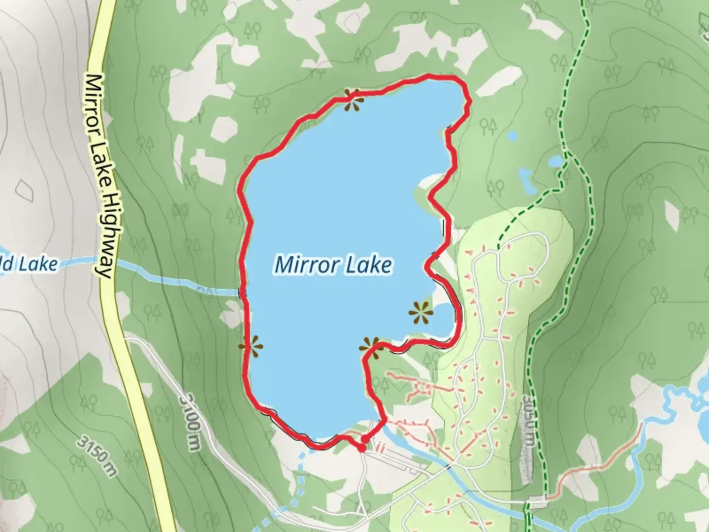 An image depicting the trail Mirror Lake Loop and its surrounding area.