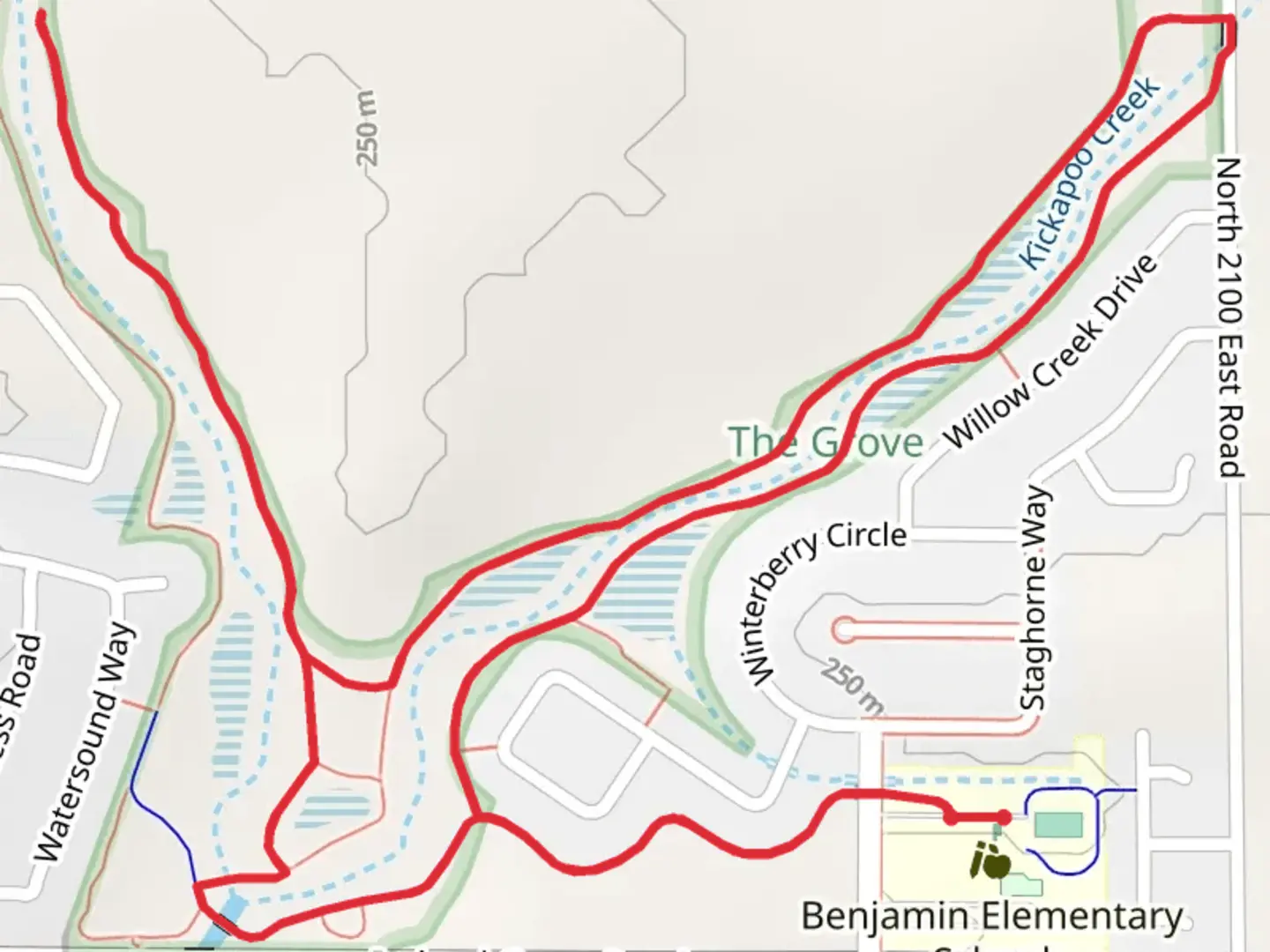 An image depicting the trail Kickapoo Creek Walk and its surrounding area.