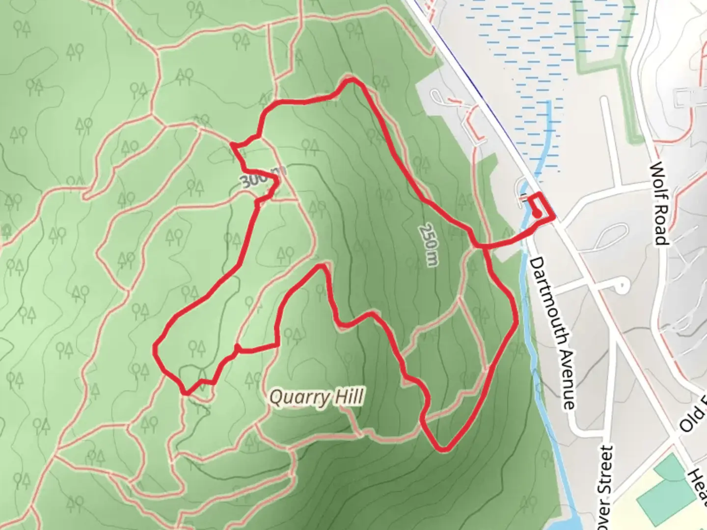 An image depicting the trail Quarry Red and Bruce Lee Loop and its surrounding area.