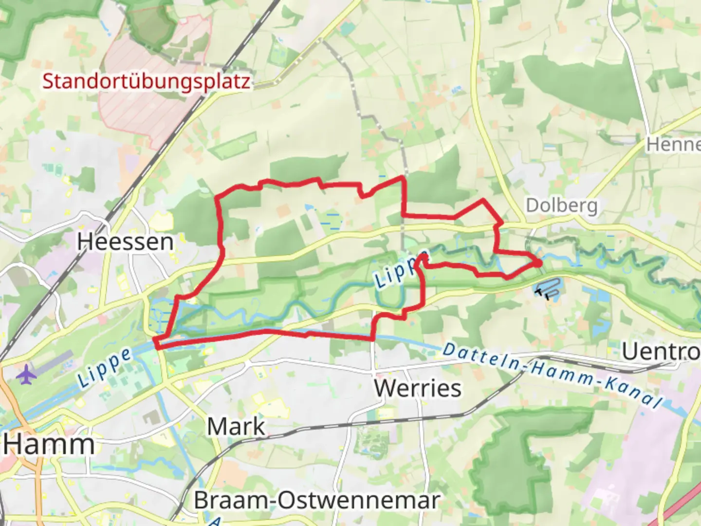 An image depicting the trail Oberwerrieser Mersch and Schloss Heessen Loop and its surrounding area.
