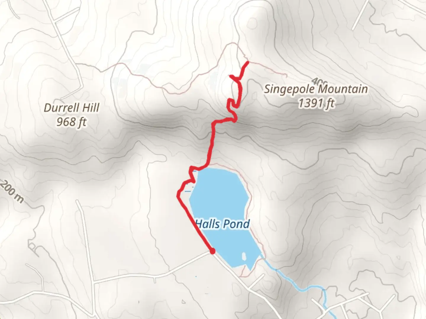 An image depicting the trail Halls Pond via Singepole Trail and its surrounding area.