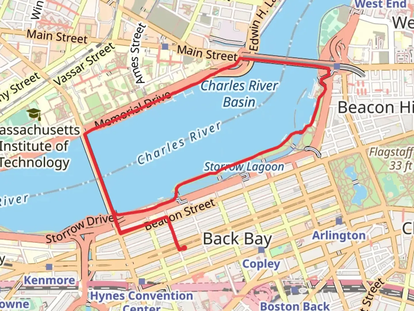 An image depicting the trail Charles River Loop from Commonwealth Avenue and its surrounding area.