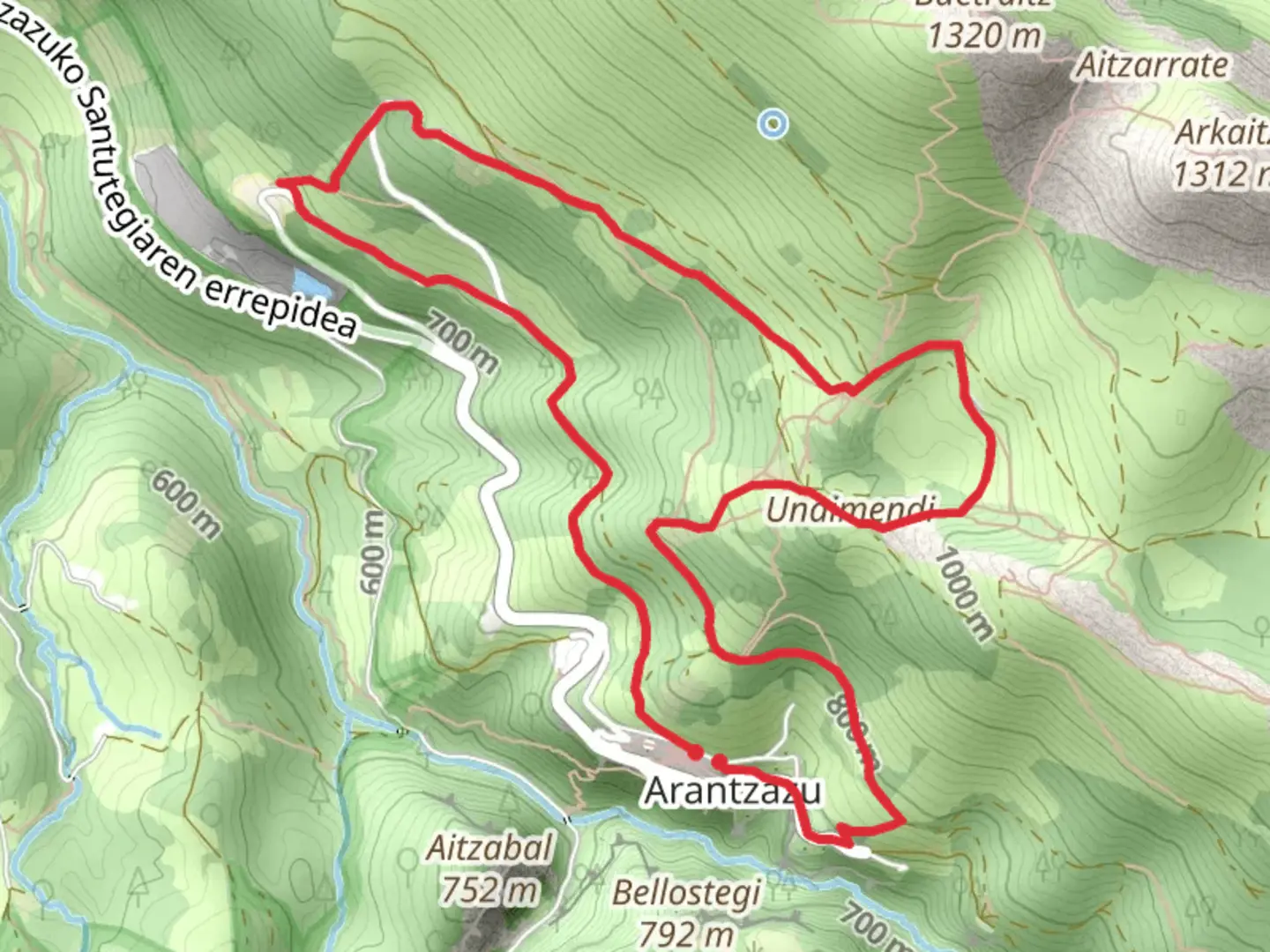 An image depicting the trail Mountain Meadows - Arantzazu SL GI 3001 and its surrounding area.