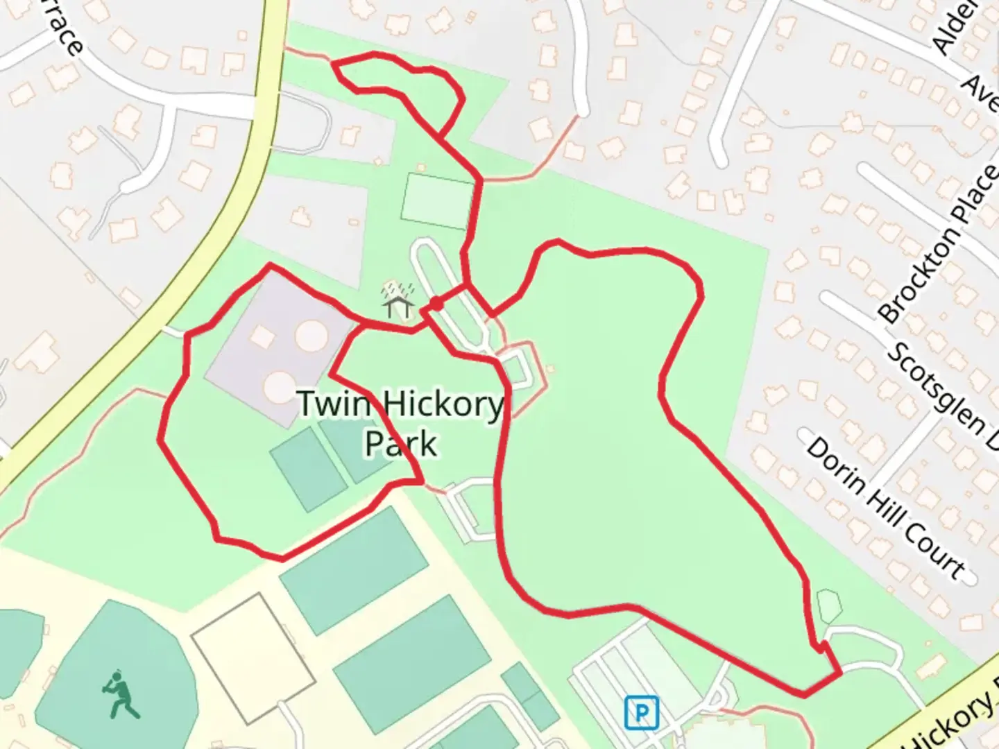 An image depicting the trail Twin Hickory Park Loop and its surrounding area.