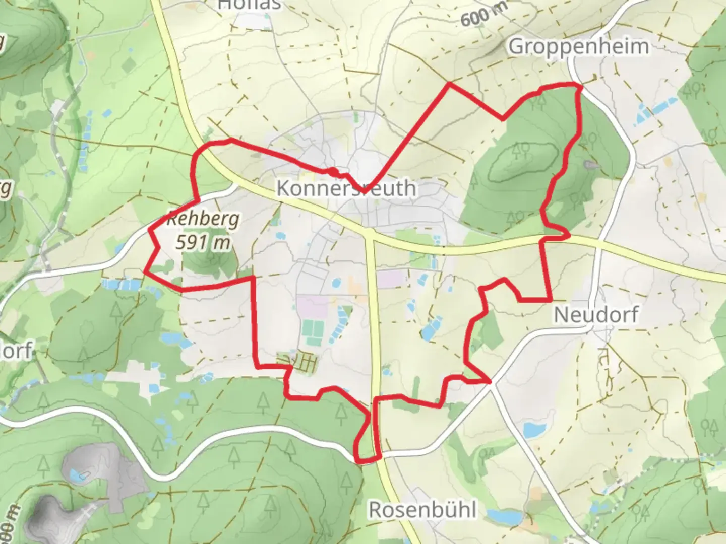 An image depicting the trail Konnersreuth Loop and its surrounding area.