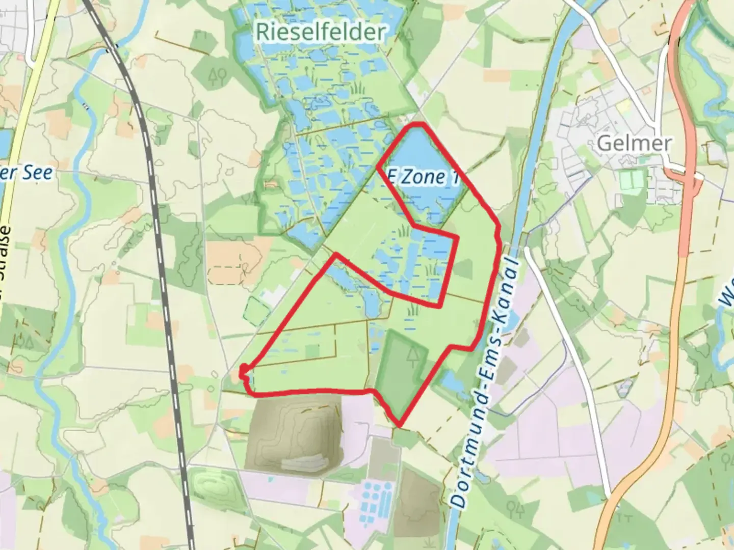 An image depicting the trail E Zone 1 via Coermühle and Coerheide and its surrounding area.