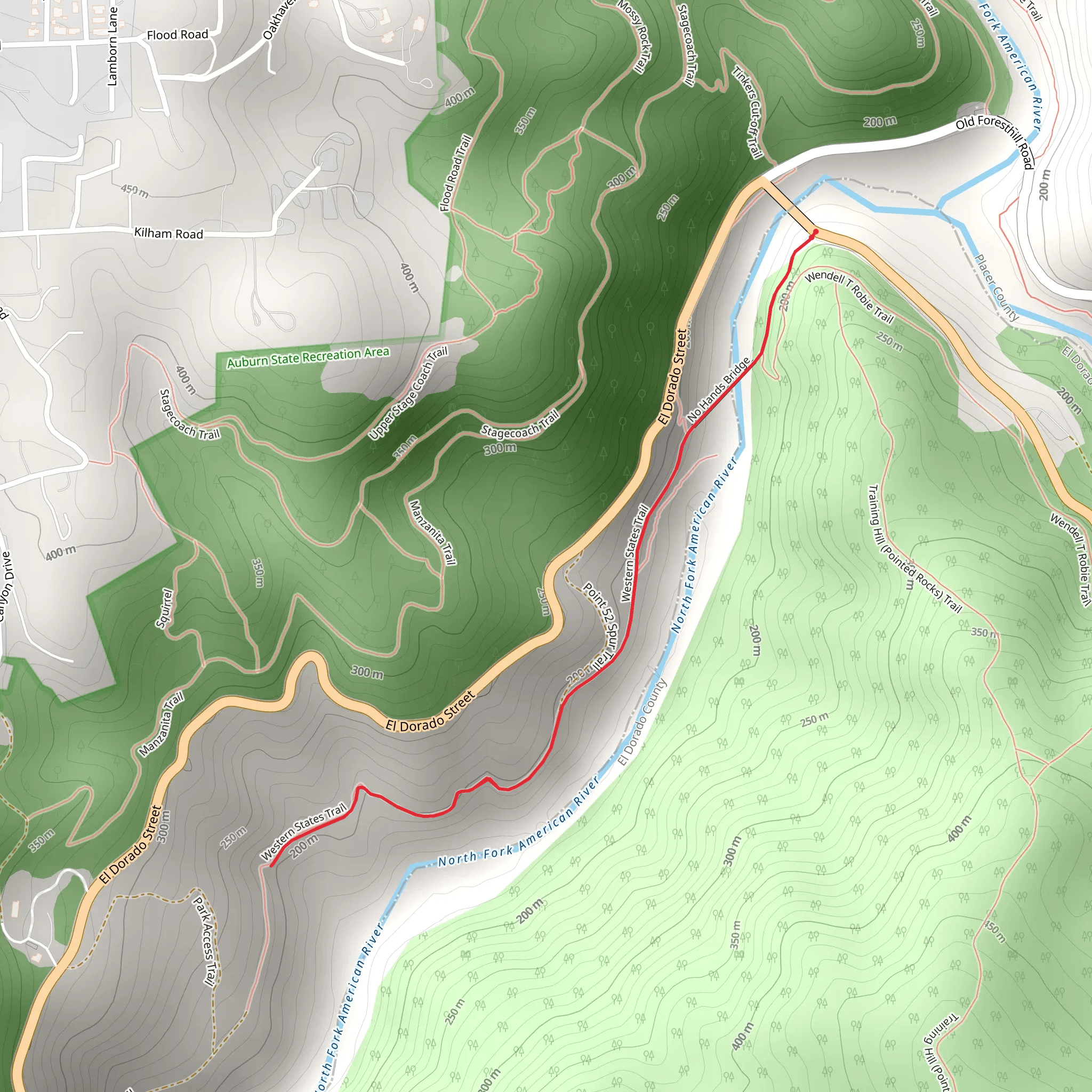 No Hands Bridge and Western States Trail mobile static map