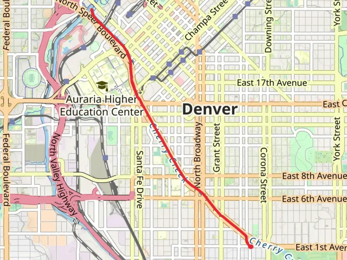 An image depicting the trail South Platte River via Cherry Creek Trail and its surrounding area.