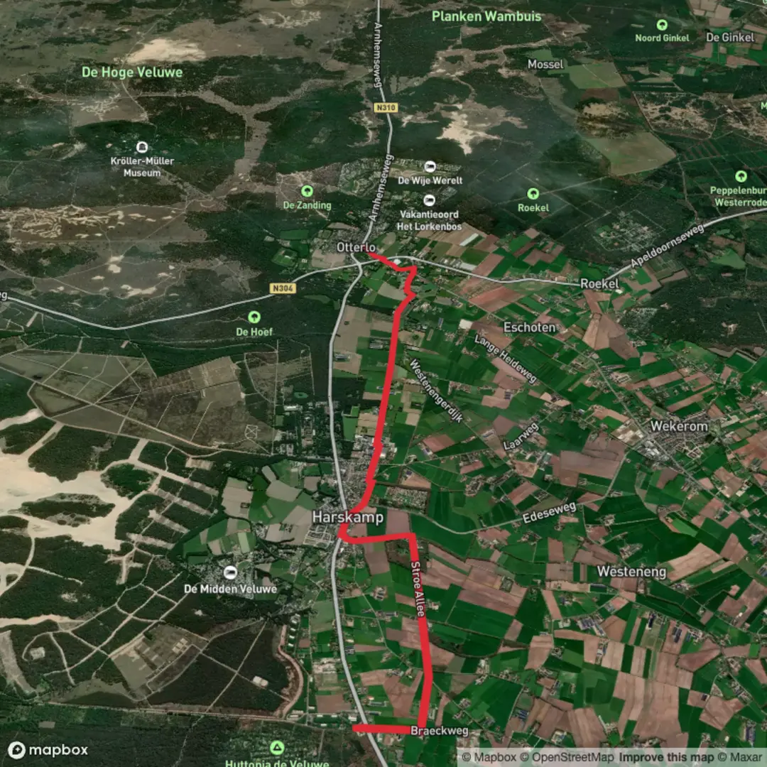 An image depicting the trail Veentje to Otterlo via Molen Weg and its surrounding area.