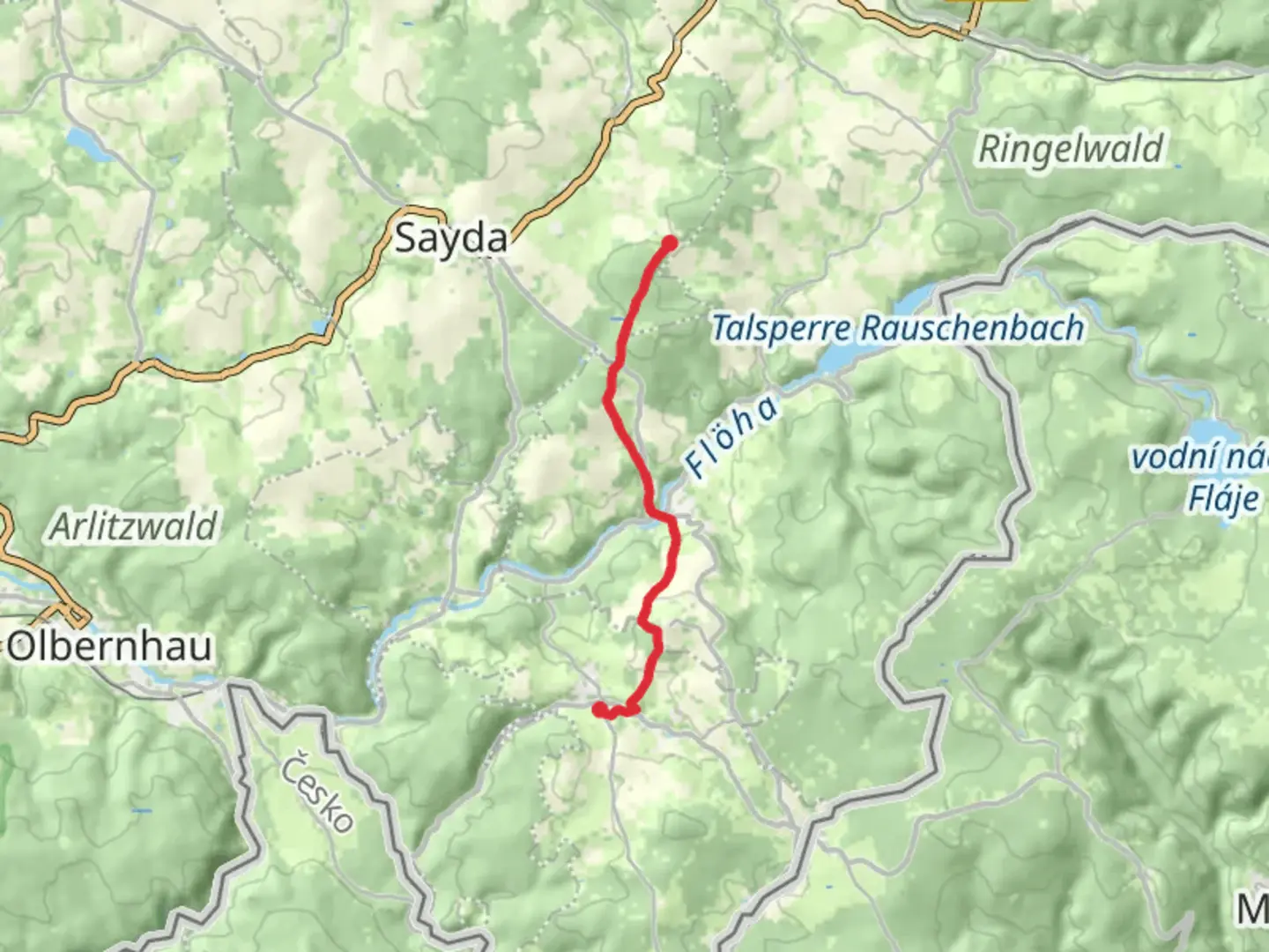 An image depicting the trail Kreuztanne to Pinge Geyerin via Rundwanderweg Sayda and its surrounding area.