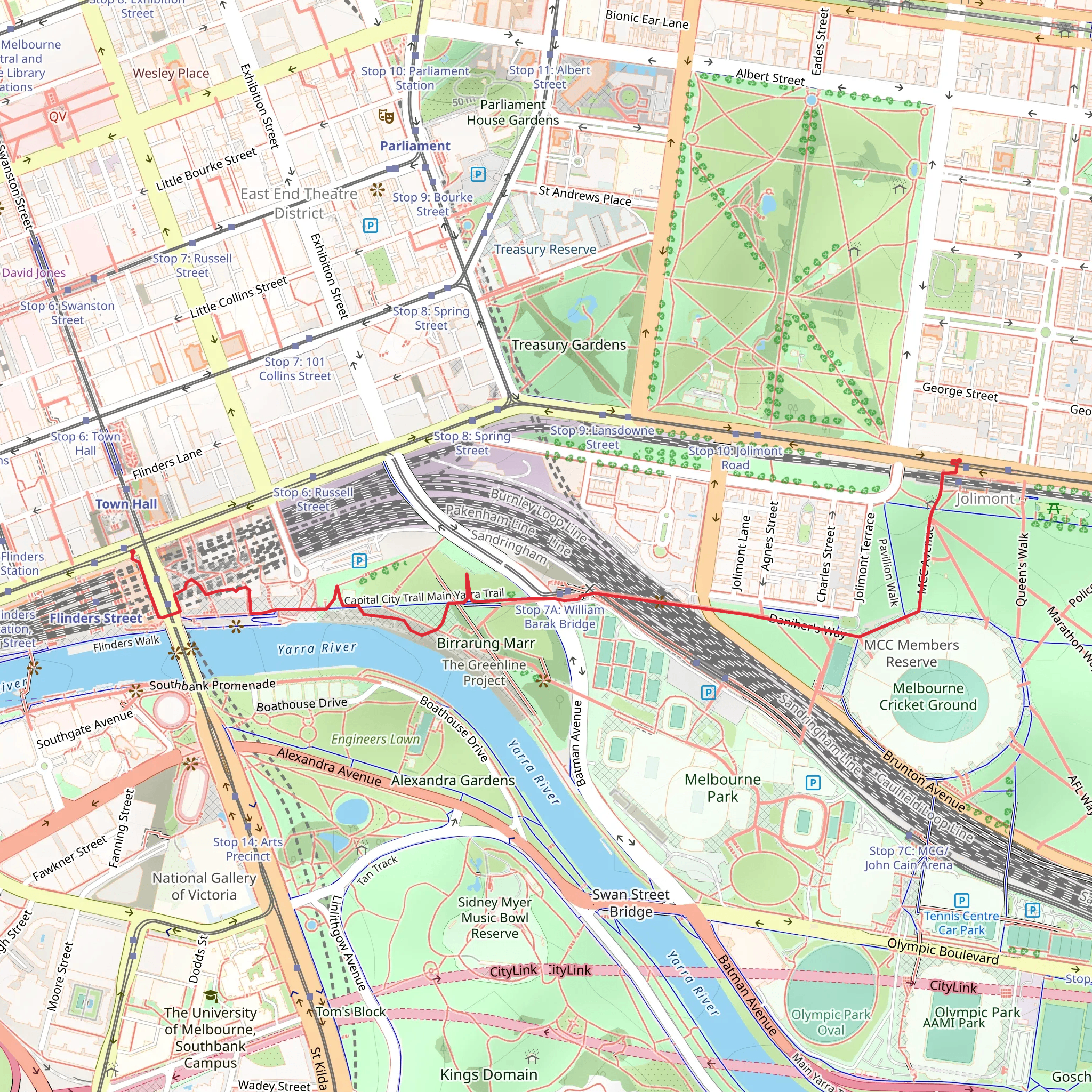 Flinders Street to Jolimont Walk mobile static map