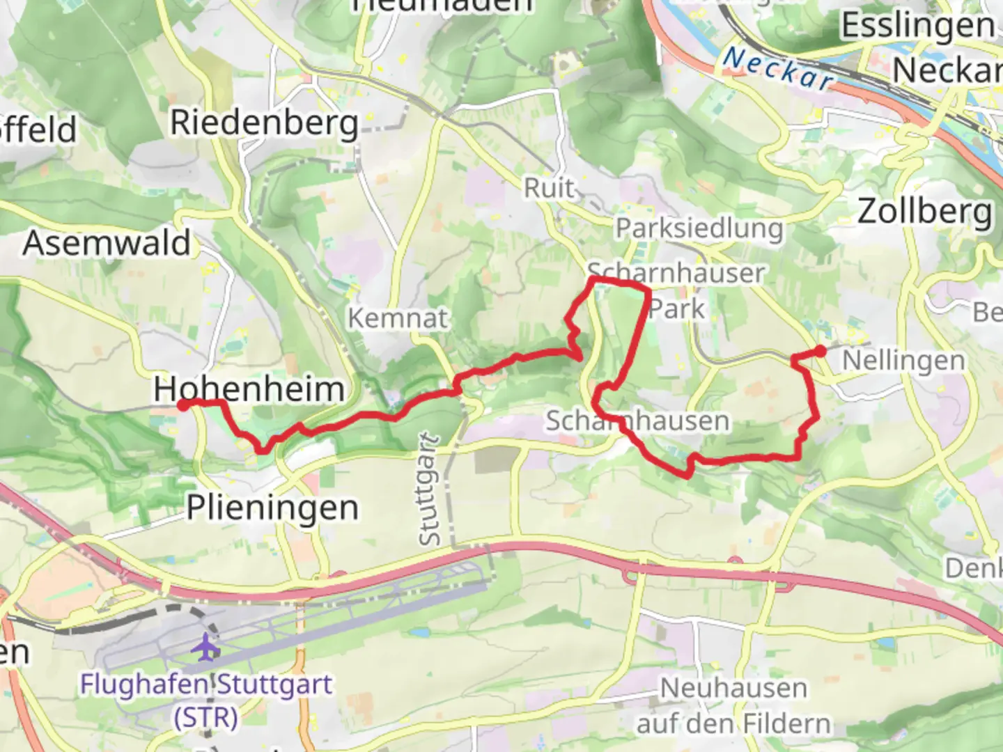 An image depicting the trail Nellingen Technische Akademie to Plieningen via Koersch and its surrounding area.
