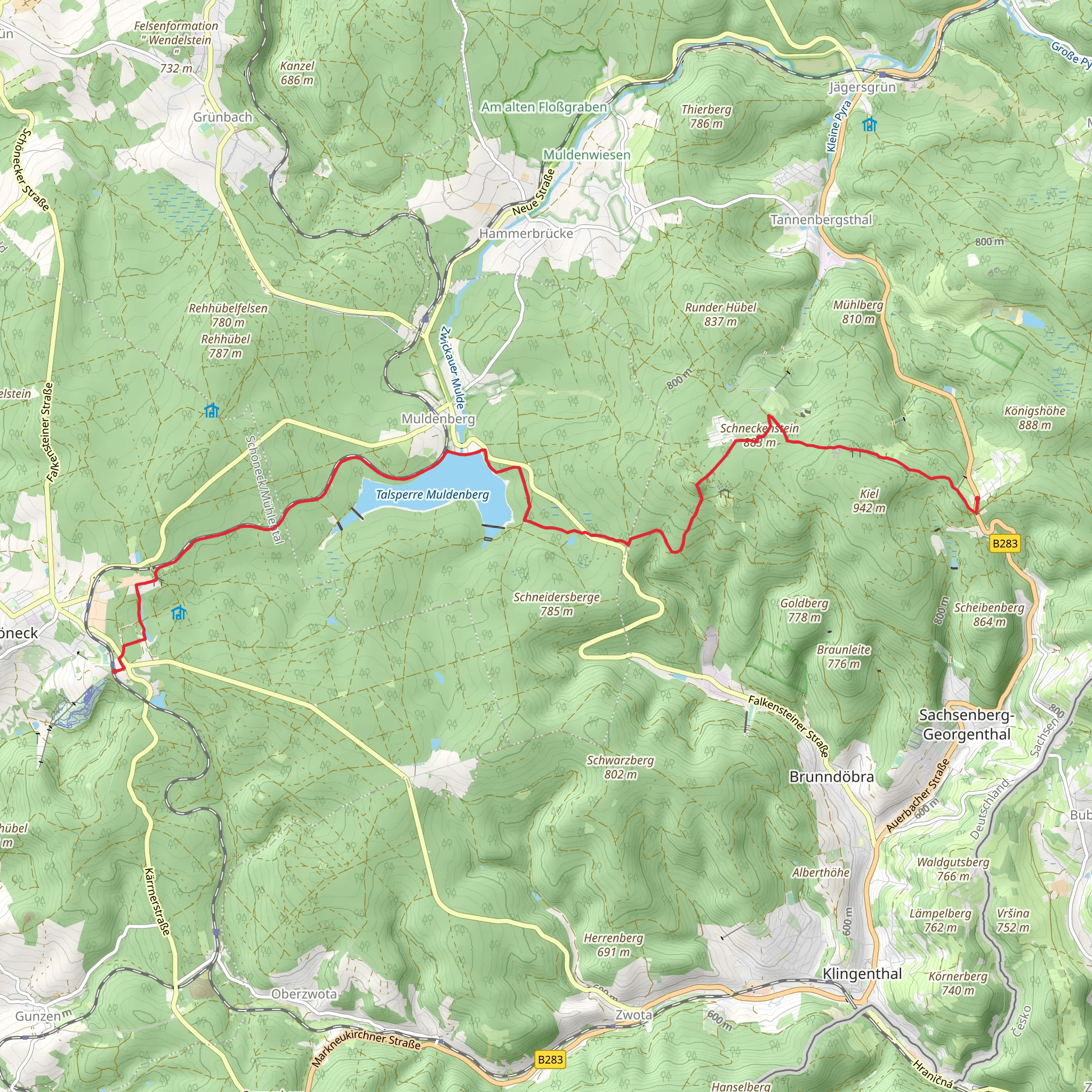 Mühlleithen to Schöneck via Muldenberger Talsperre and Kammweg Erzgebirge - Vogtland mobile static map