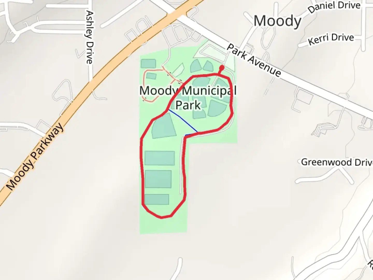 An image depicting the trail Moody Municipal Park Loop and its surrounding area.