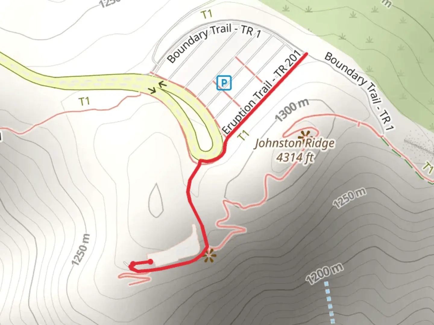 An image depicting the trail Eruption Trail from Johnston Ridge Observatory and its surrounding area.