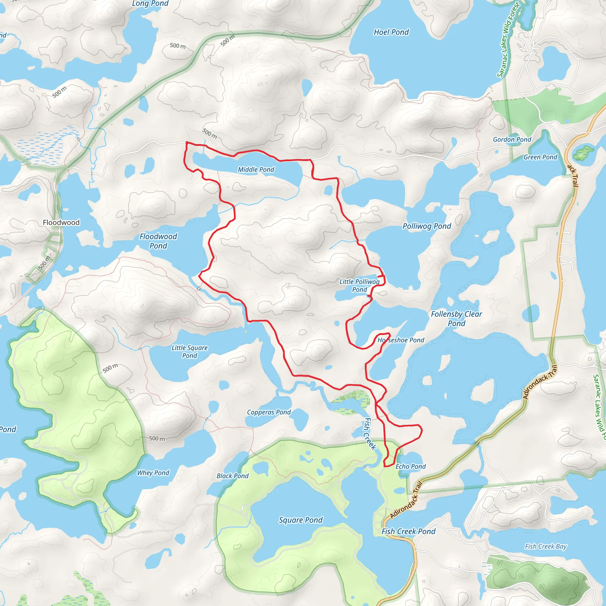 Middle Pond, Little Polliwog, Horseshoe and Floodwood Ponds Loop Trail mobile static map