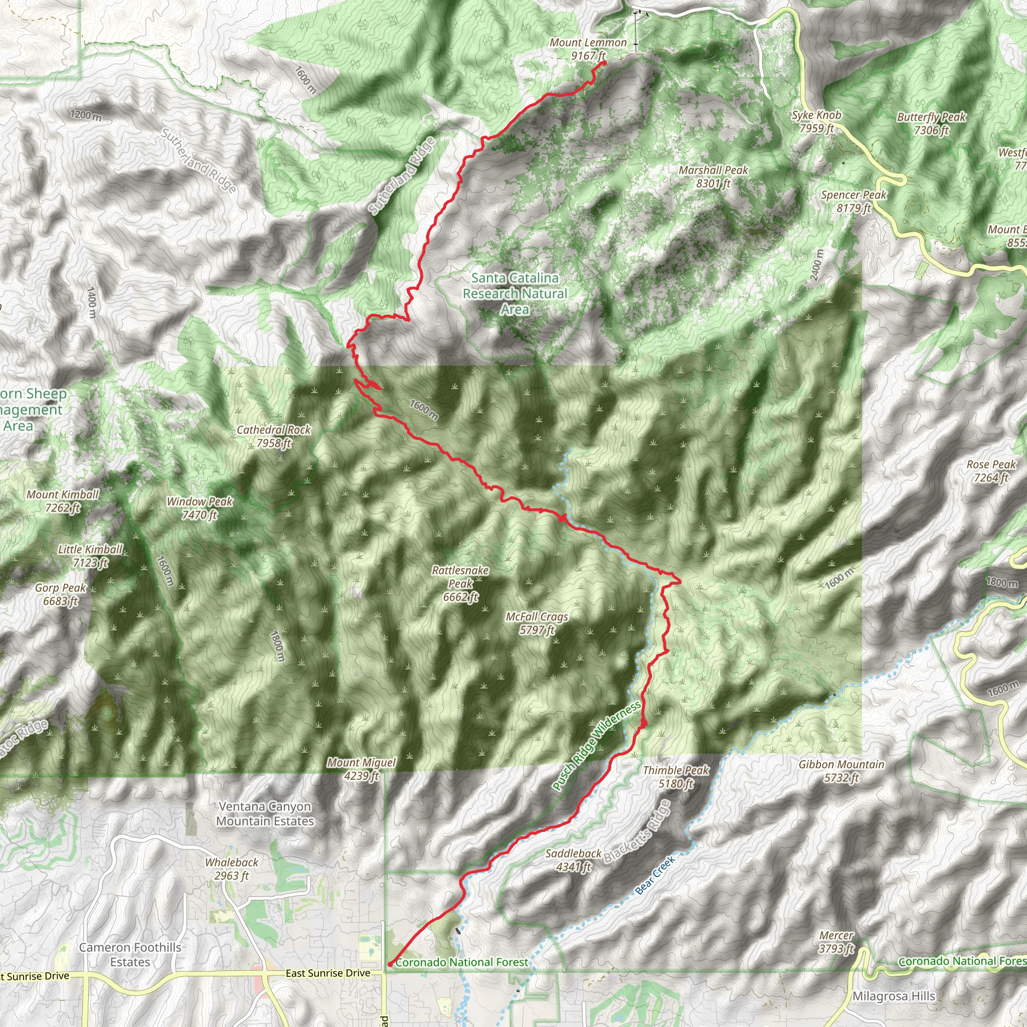 Arizona Trail and North Upper Sabino Canyon Road Walk mobile static map