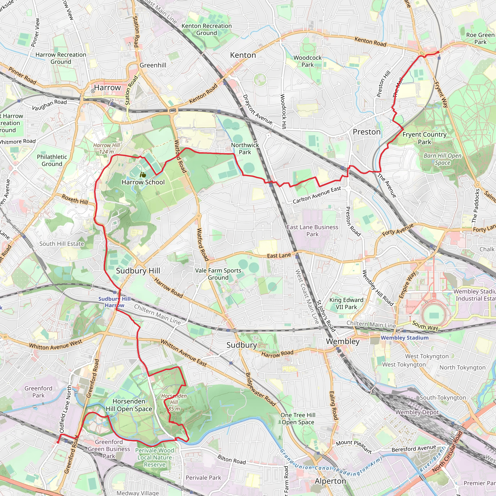 Greenford to Kingsbury Walk mobile static map
