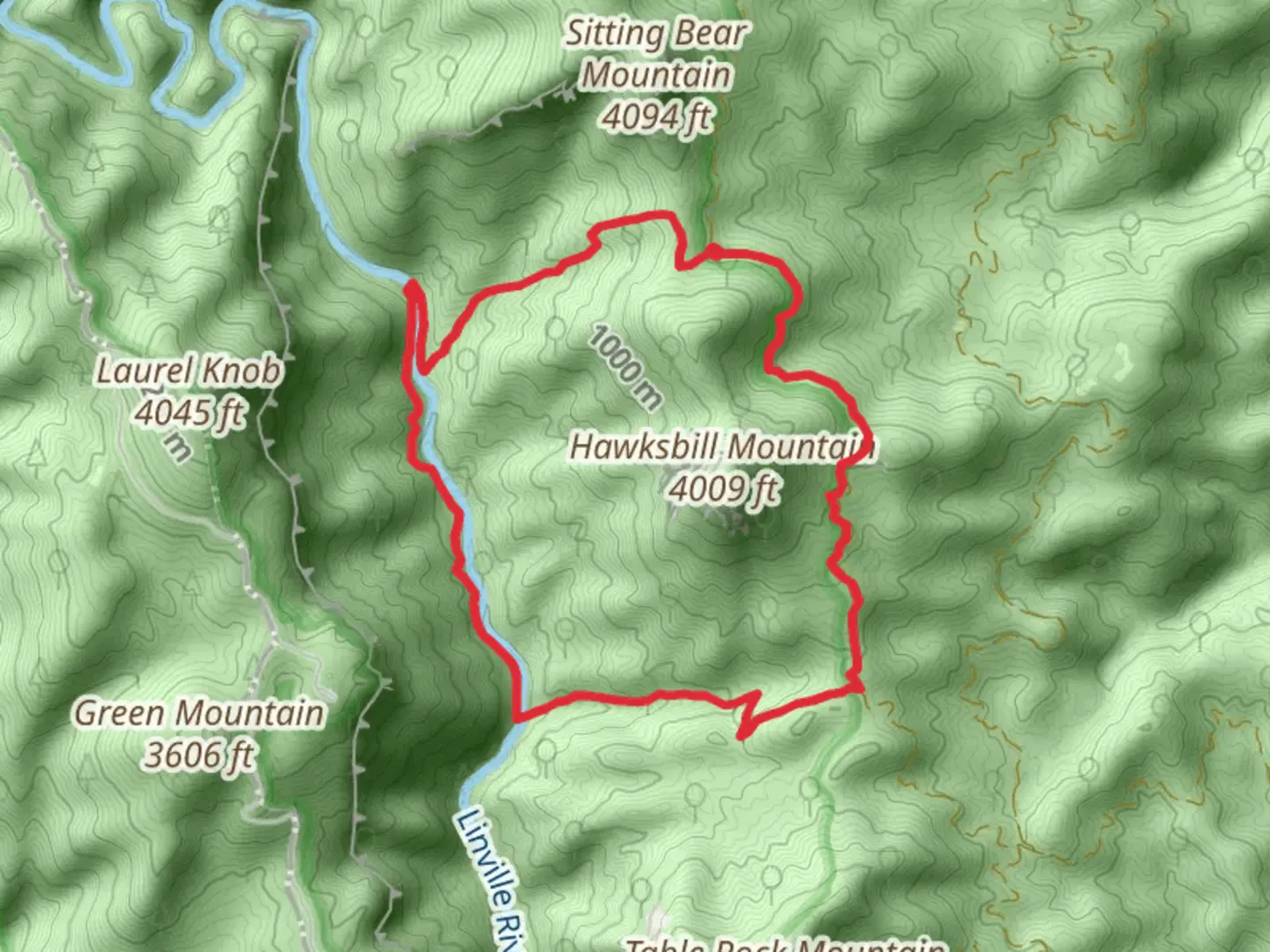 An image depicting the trail Devil's Hole, Linville River and Spence Ridge Loop and its surrounding area.