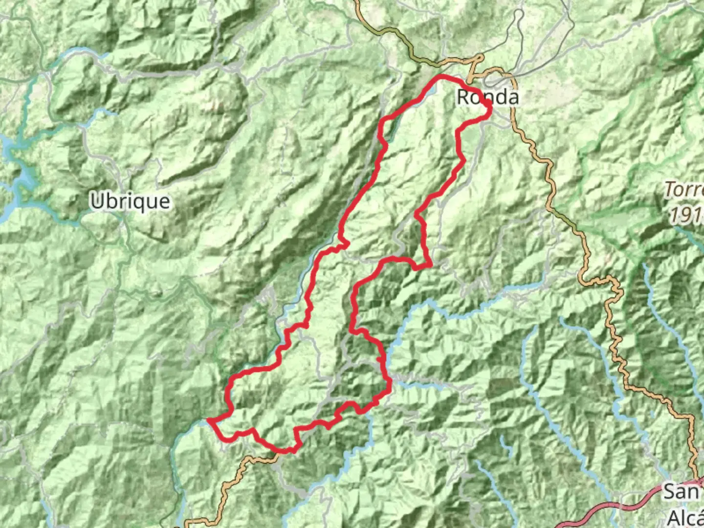 An image depicting the trail GR 141 Gran Senda de la Serranía de Ronda and its surrounding area.