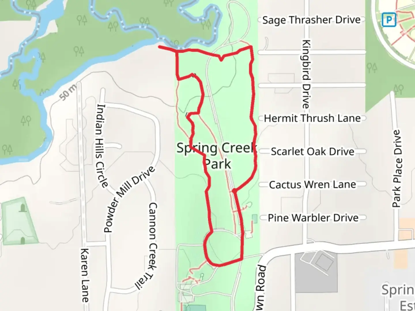 An image depicting the trail Spring Creek Park Trail and its surrounding area.